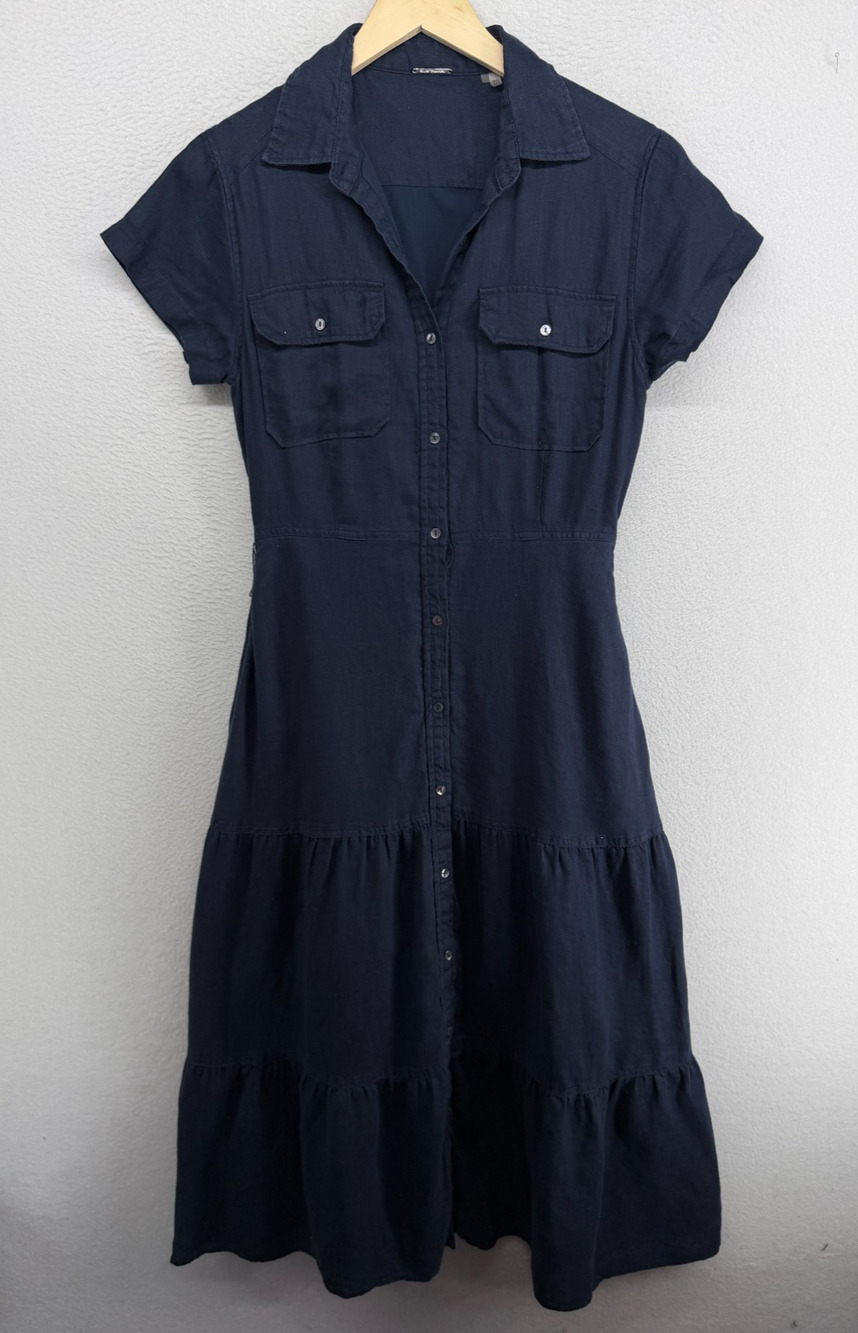 ELIE TAHARI Dress 6 Linen Tiered Maxi Shirtdress Button Front Short Sleeve Blue